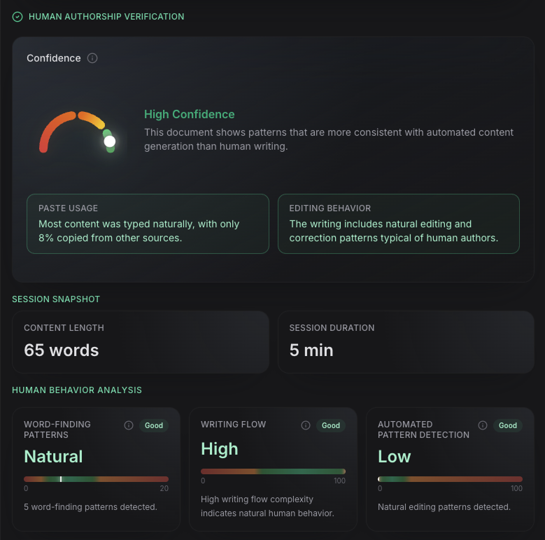 Sapien verification interface showing human authorship proof